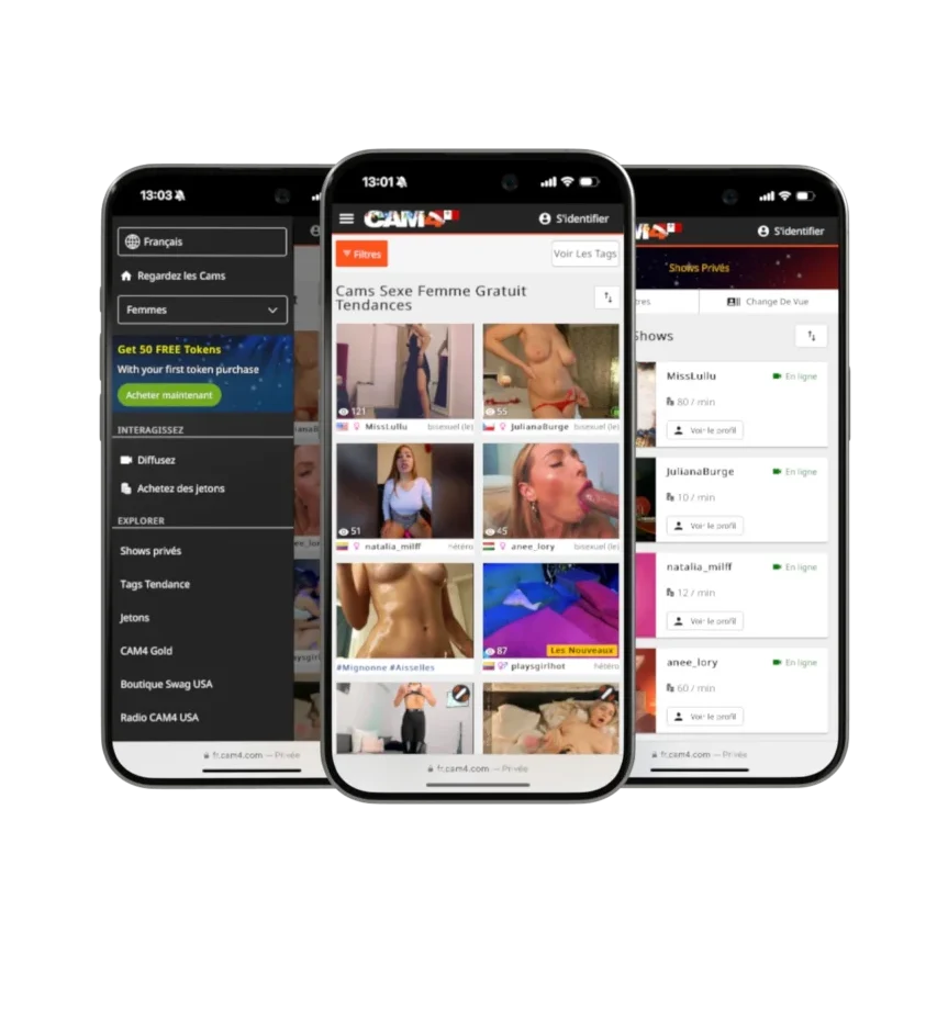 image de mobiles montrant la page d'acceuil du site Cam4 avec les différentes catégories