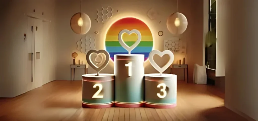image d'une pièce de maison avec un podium et un drapeau gay