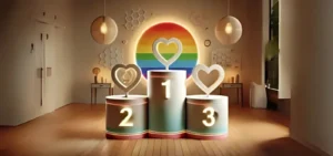 image d'une pièce de maison avec un podium et un drapeau gay
