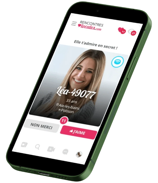 Interface mobile montrant le profil de Léa, 29 ans, sur une plateforme de rencontre française appelée RencontresLocales.com.