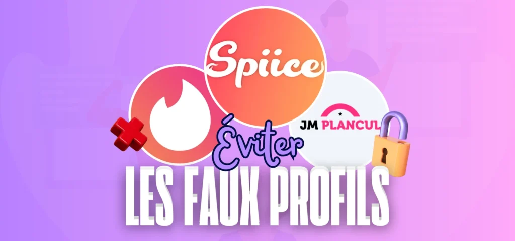 Illustration des 7 conseils pour éviter les faux profils sur les sites de rencontres coquines comme Spiice, JM Plan Cul et Tinder. Sécurité et arnaques en ligne.