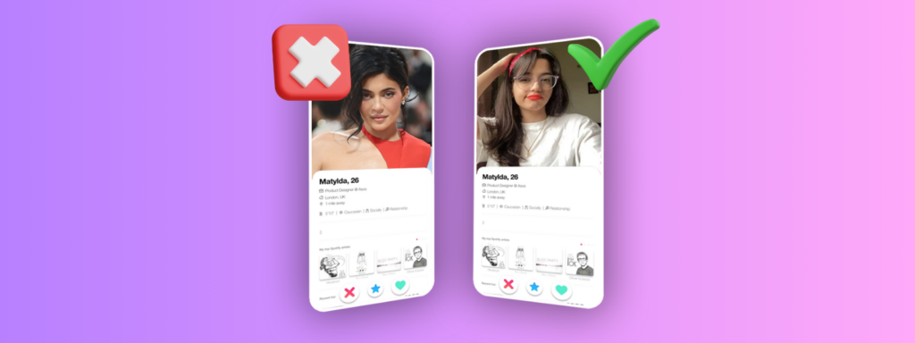 Comparaison entre un faux profil avec une photo volée et un vrai profil authentique sur un site de rencontre. Astuces pour repérer les arnaques.