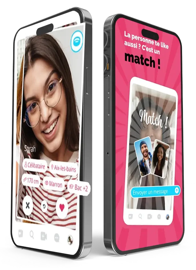 Deux Iphones étant sur le site Rencontres Locales montrant des profils de célibataires proches grâce à une géolocalisation précise.