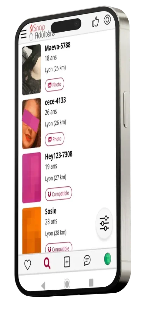 Interface de SnapAdultere : site avec des profils anonymes et des outils garantissant la discrétion des utilisateurs, site spécialisé dans des relations extraconjugales.