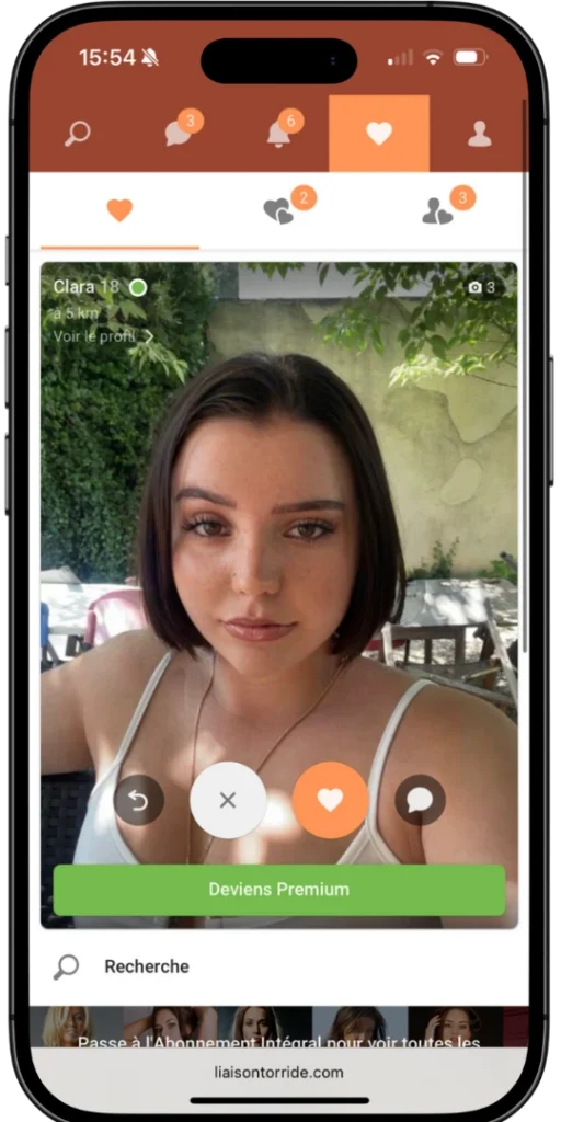 Profil d'une femme brune de 18 ans sur l'application de rencontres LiaisonToride affichée sur un smartphone
