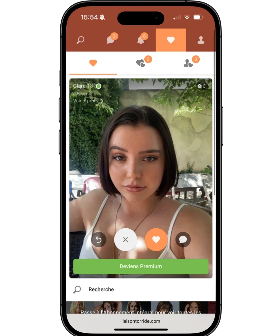 Profil d'une femme brune de 18 ans sur l'application de rencontres LiaisonToride affichée sur un smartphone