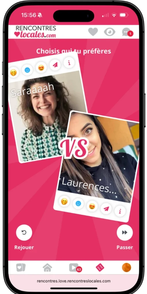 Écran de l'application Rencontres Locales montrant un duel de profils féminins à choisir