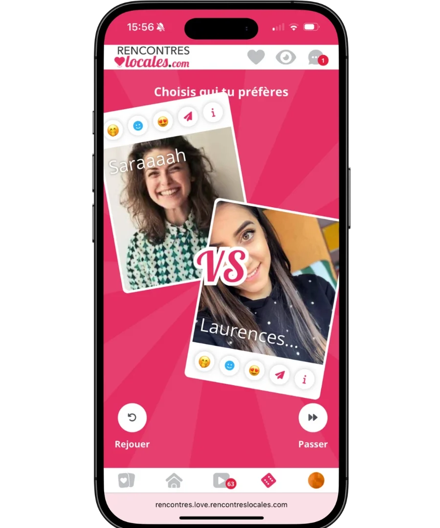 Écran de l'application Rencontres Locales montrant un duel de profils féminins à choisir
