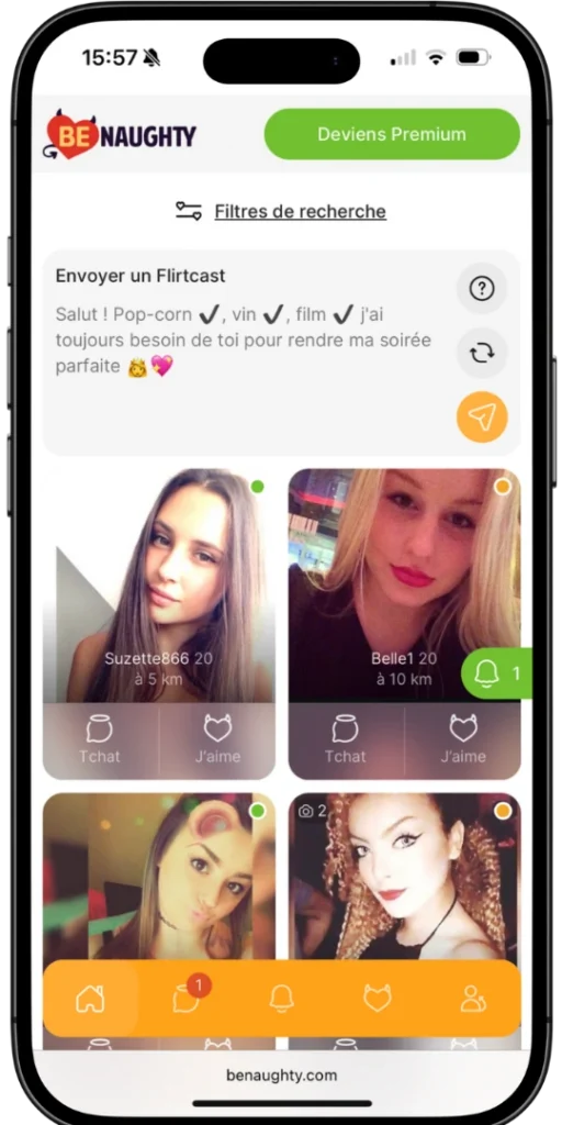 Interface BeNaughty affichant plusieurs profils féminins proches géolocalisés