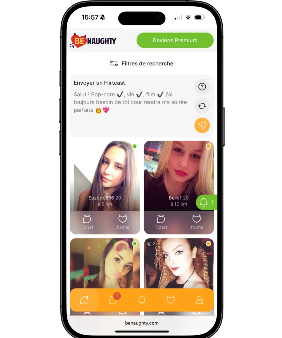 Interface BeNaughty affichant plusieurs profils féminins proches géolocalisés