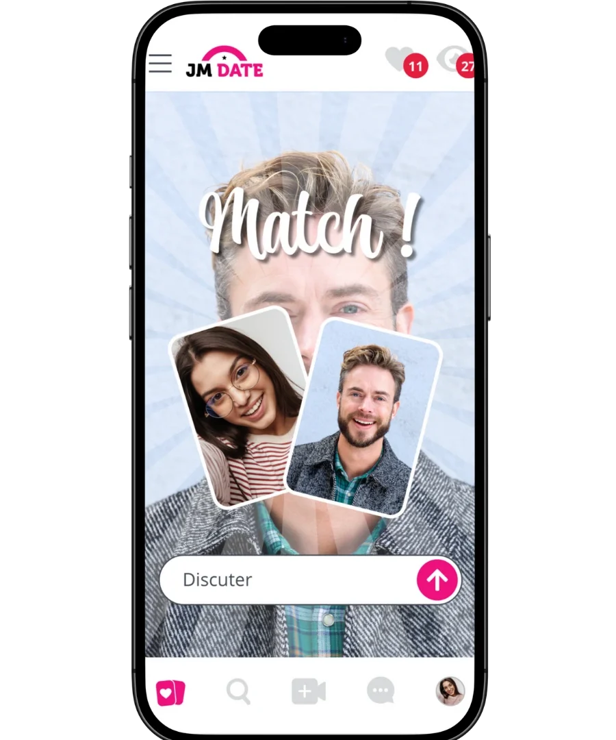 Écran de l'application JM Date affichant un match entre deux profils