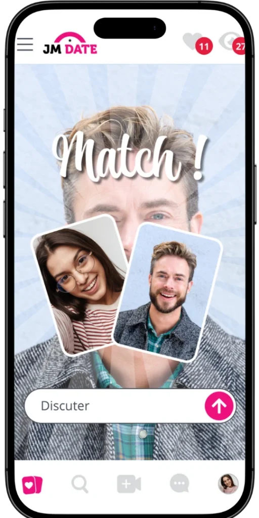 Écran de l'application JM Date affichant un match entre deux profils