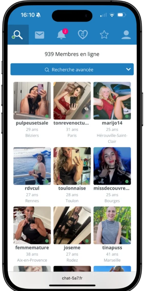 Page de l'application Chat 5a7 affichant plusieurs profils féminins connectés