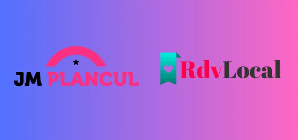Logos des sites de rencontre JM Plan Cul et RdvLocal sur fond dégradé rose et violet.