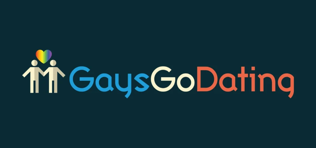 Logo du site de rencontre GaysGoDating avec deux silhouettes tenant un cœur arc-en-ciel et texte coloré bleu, crème et rouge.