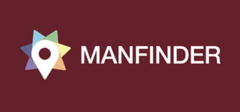 Logo du site de rencontre ManFinder avec une icône de localisation étoilée aux couleurs de l’arc-en-ciel.