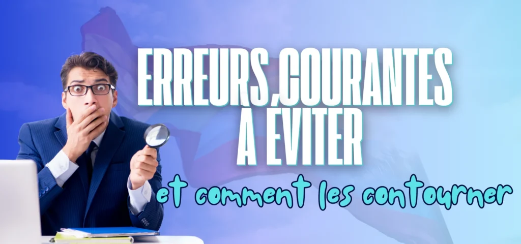 Photo d’un homme en costume, main sur la bouche et loupe, titre “ERREURS COURANTES À ÉVITER – et comment les contourner”, arrière-plan dégradé drapeau arc-en-ciel.