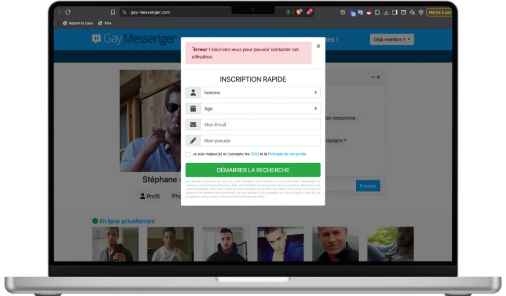 Capture d’écran de l’inscription rapide Gay Messenger sur desktop : genre, âge, email, pseudo, bouton « Démarrer la recherche ».
