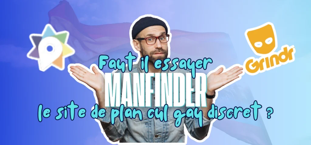Homme dubitatif avec logos Manfinder et Grindr, question sur la discrétion des rencontres gays.
