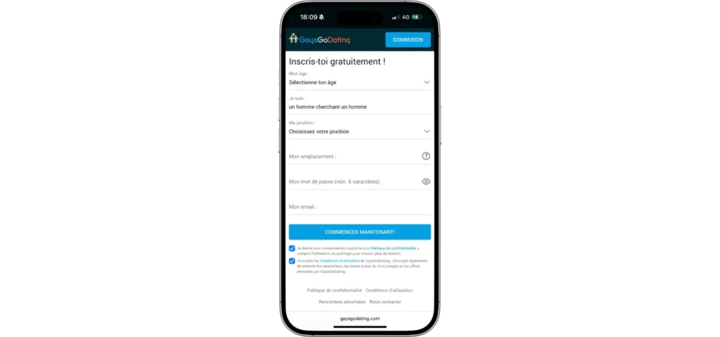 Formulaire d’inscription GaysGoDating sur smartphone, site de rencontre gay rapide.