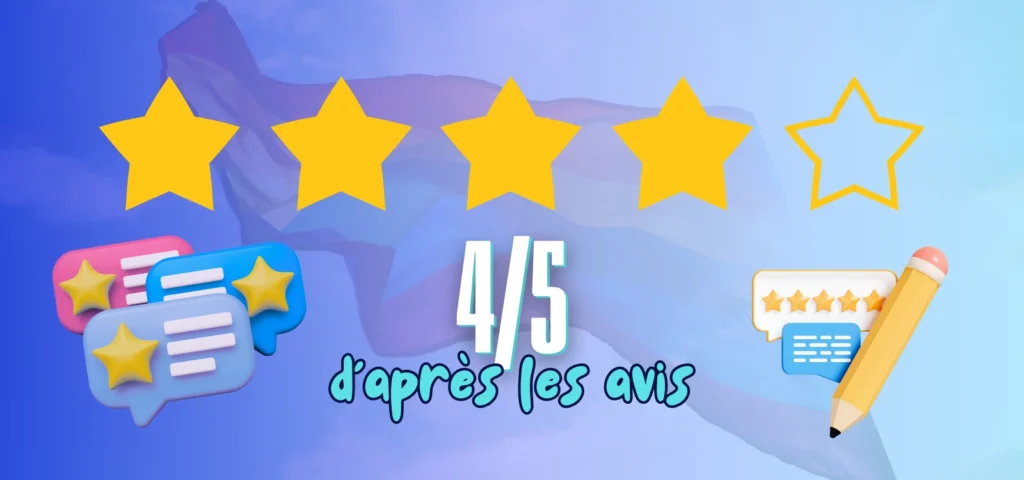 Avis utilisateurs GaysGoDating avec 4 étoiles sur 5 et fond drapeau LGBT.