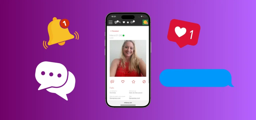 interface du site de rencontre cougar MilfFinder avec profil féminin et notifications.