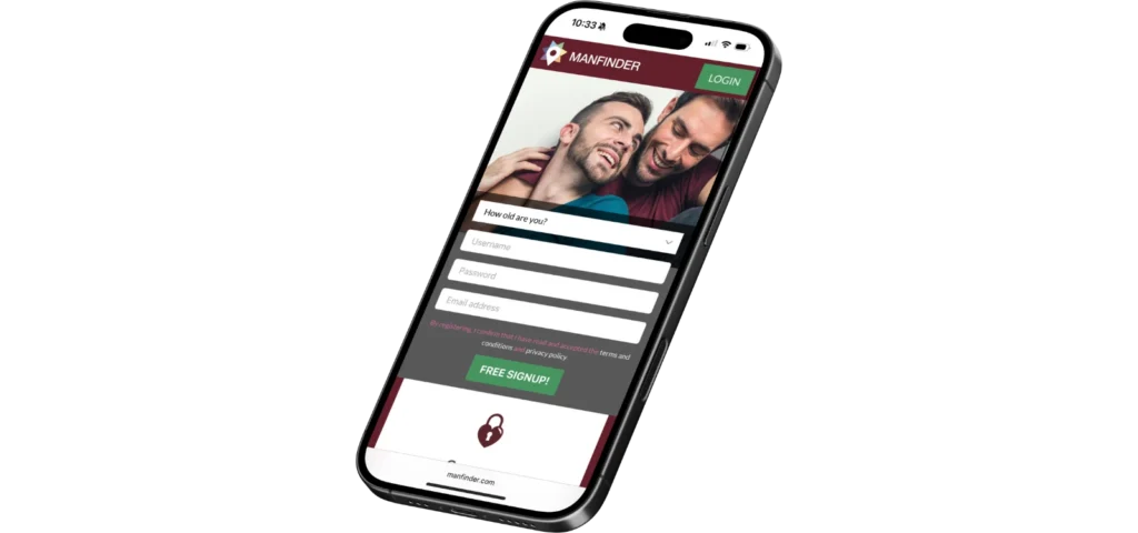 Mockup smartphone montrant la page d’inscription du site gay Manfinder.