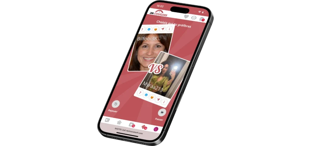 application JM Cougars affichée sur smartphone avec profils de femmes mûres.