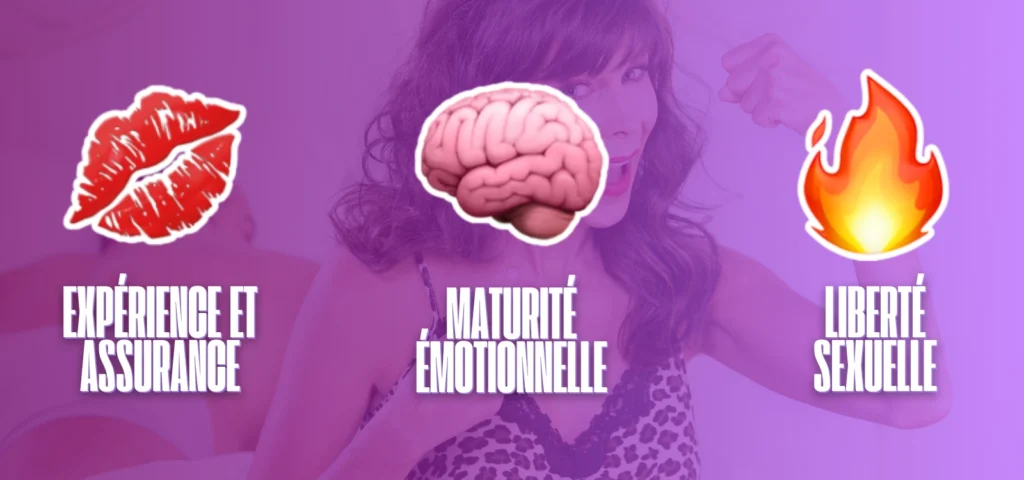 Infographie sur les raisons pour lesquelles les jeunes hommes craquent pour les femmes Cougars : expérience, maturité, liberté.