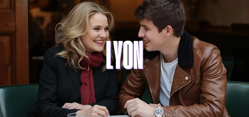 Femme mûre et jeune homme partageant un café à Lyon – rencontre authentique et complice.