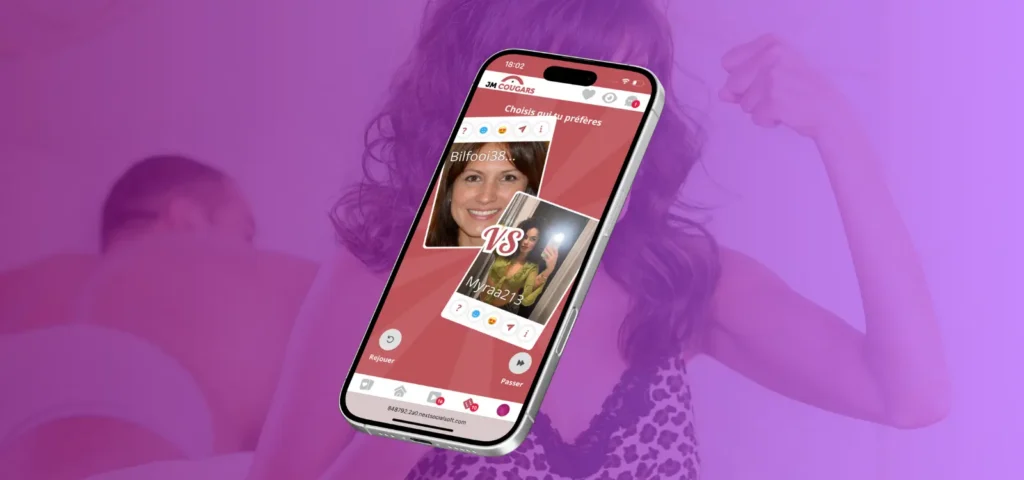 Application JM Cougars affichée sur un smartphone, interface de rencontre avec profils féminins
