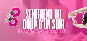 Visuel rose ‘Sexfriend ou coup d’un soir’ avec menottes roses et une main qui fait le signe OK.