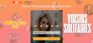 Voisins Solitaires : capture de la page d’inscription avec “Trouve des mignonnes dans ton coin” et formulaire d’âge.
