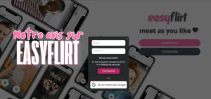 Page d’accueil d’EasyFlirt avec son interface de connexion et visuels de profils utilisateurs