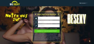 Page d’accueil de BeSexy avec son formulaire d’inscription rapide et visuel sensuel en arrière-plan