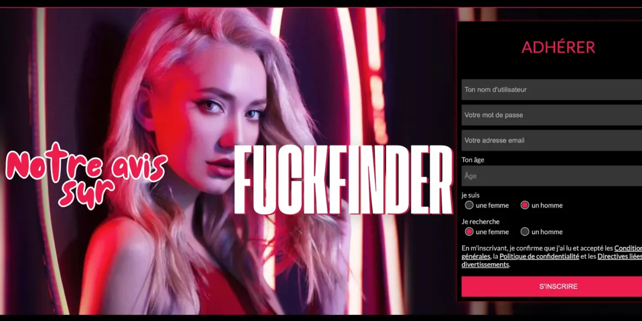 Page d’accueil de FuckFinder avec formulaire d’inscription et visuel féminin en arrière-plan