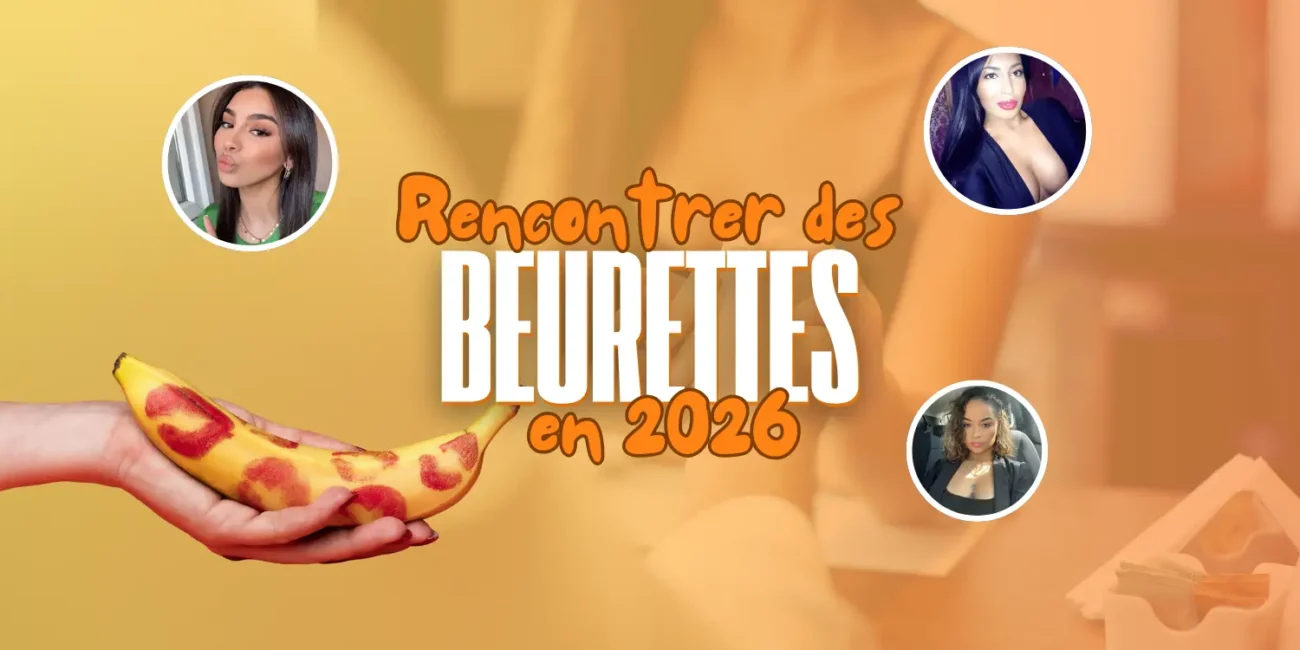 Visuel “Rencontrer des beurettes en 2026” avec portraits de femmes et une main tenant une banane décorée de traces de rouge à lèvres