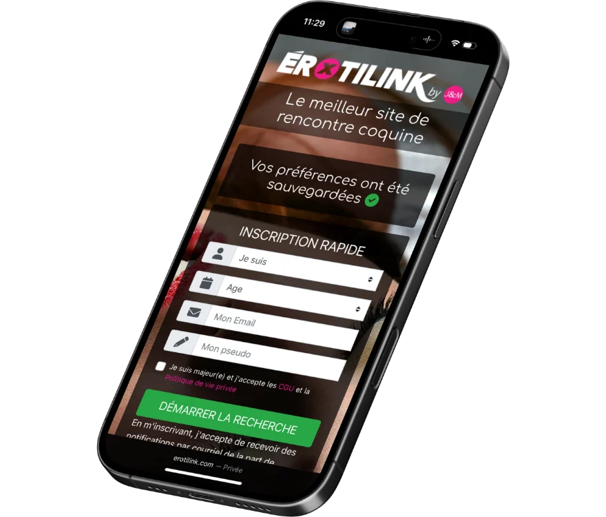Interface mobile du site Erotilink montrant la page d’inscription pour rencontrer des personnes en ligne pour des rencontres coquines.