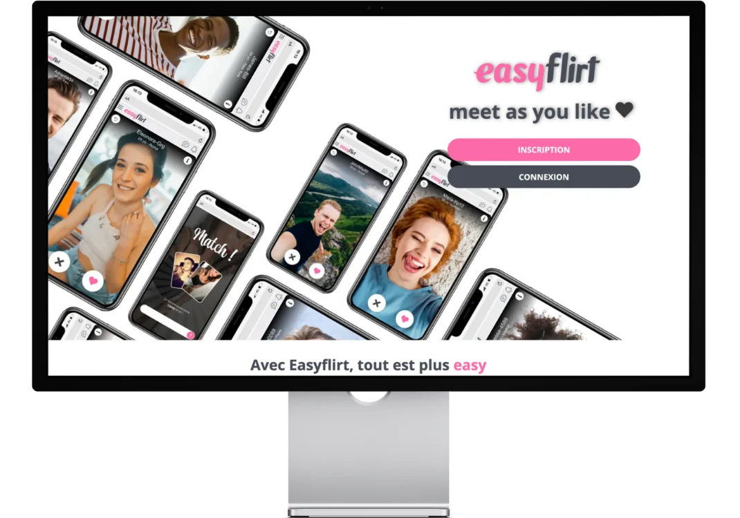 Interface du site EasyFlirt affichée sur écran avec plusieurs profils, illustrant une plateforme de rencontre simple et accessible.
