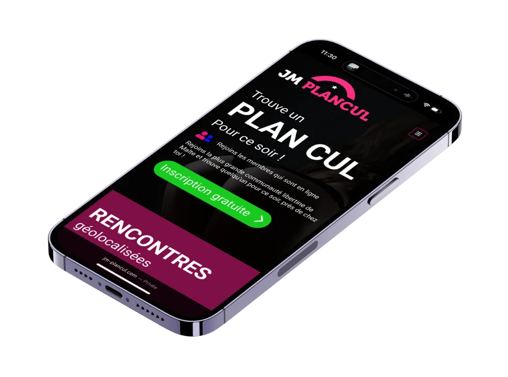 Interface mobile du site JM Plan Cul montrant une page d’accueil avec inscription gratuite et rencontres géolocalisées.