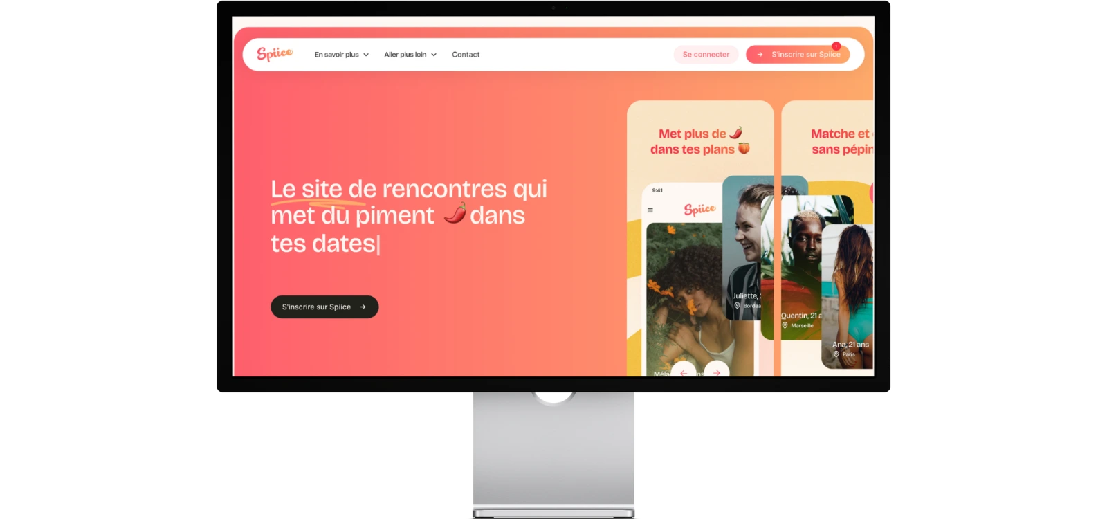 Interface du site Spiice affichée sur écran montrant une plateforme de rencontre moderne avec profils et inscription rapide.