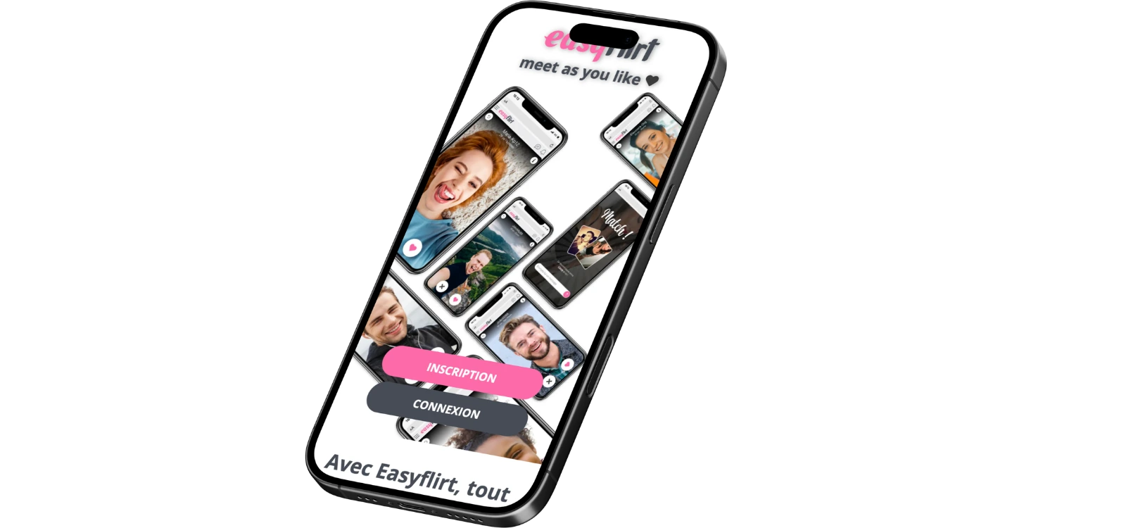 Application EasyFlirt sur smartphone avec plusieurs profils visibles et options d’inscription et connexion.