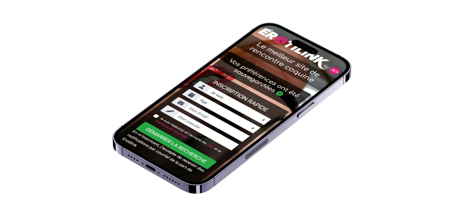 Interface mobile du site Erotilink affichant un formulaire d’inscription rapide pour des rencontres coquines en ligne.