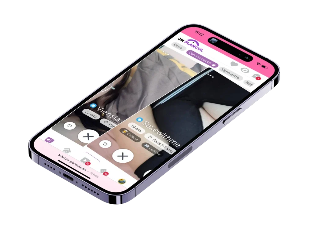 Application JM Plan Cul sur smartphone affichant des profils à swiper pour faire des rencontres rapides.