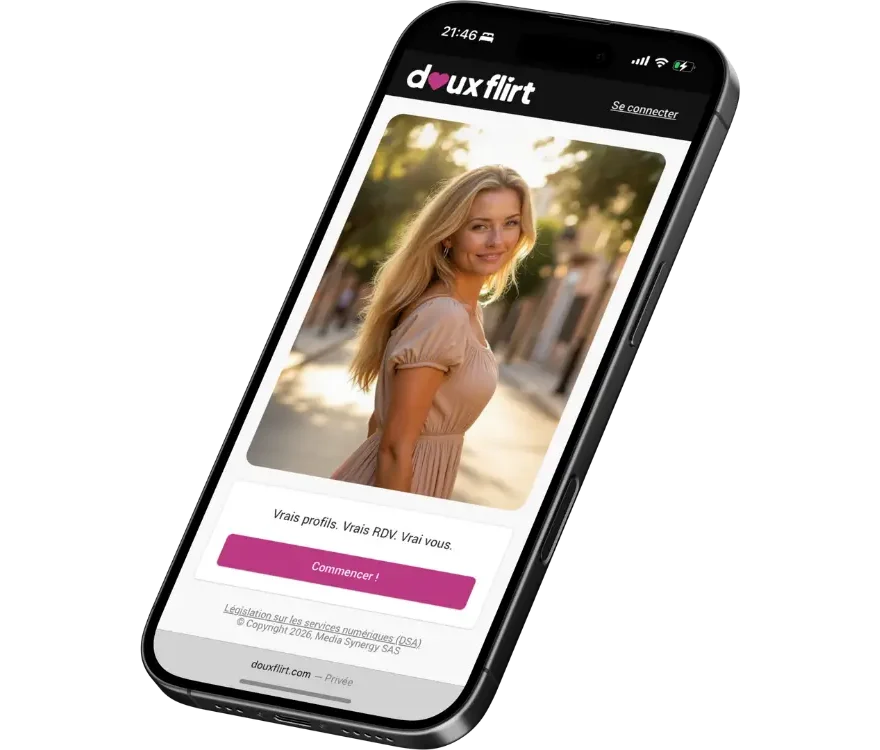 Application DouxFlirt affichée sur smartphone avec profil utilisateur et bouton pour commencer une rencontre.