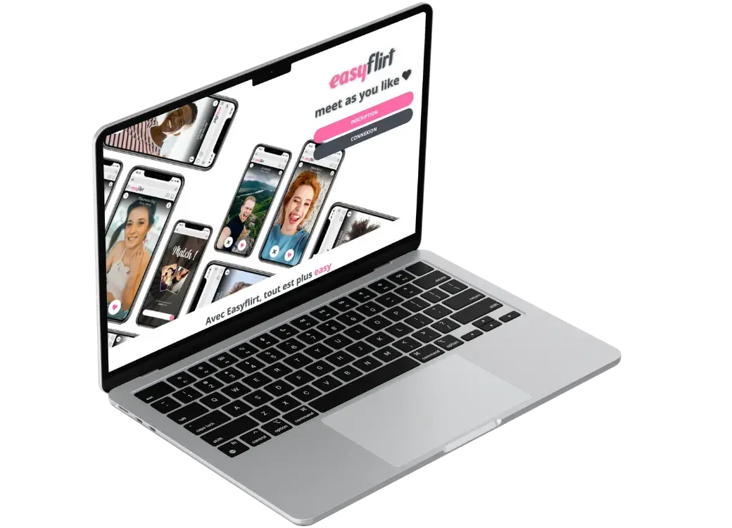 Site EasyFlirt affiché sur ordinateur avec plusieurs profils et options d’inscription et connexion.