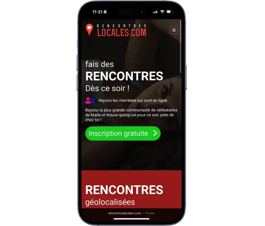 Site Rencontres Locales affiché sur smartphone avec bouton d’inscription gratuite et rencontre géolocalisée.