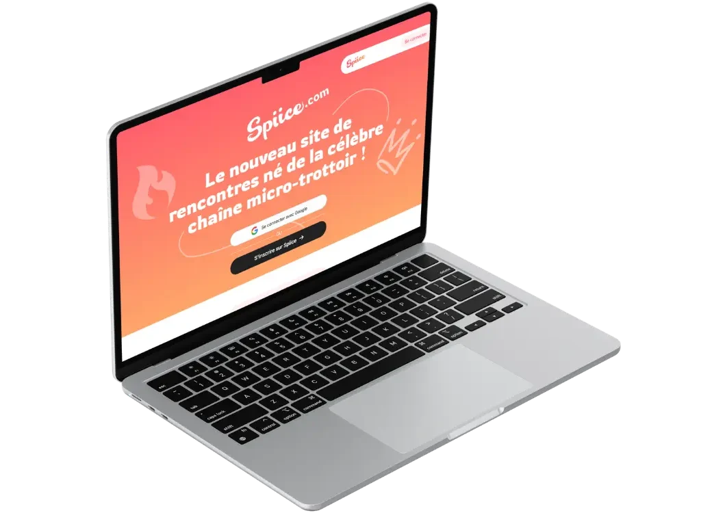 Site Spiice affiché sur ordinateur avec interface colorée et inscription pour rencontres en ligne.