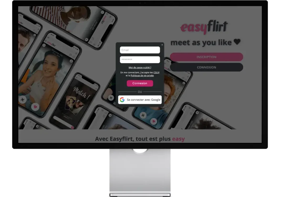 Page de connexion EasyFlirt affichée sur ordinateur avec formulaire email et mot de passe.