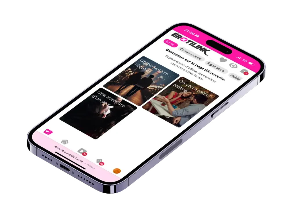 Interface mobile Erotilink avec différentes sections de découverte et profils.